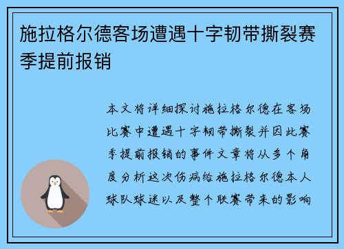 施拉格尔德客场遭遇十字韧带撕裂赛季提前报销
